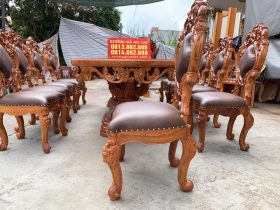 Bộ bàn ăn hoàng Gia vip 10 ghế gỗ gõ đỏ (Chị Thêu - Đắk Lắk) 8 mặt ngồi bọc đệm da