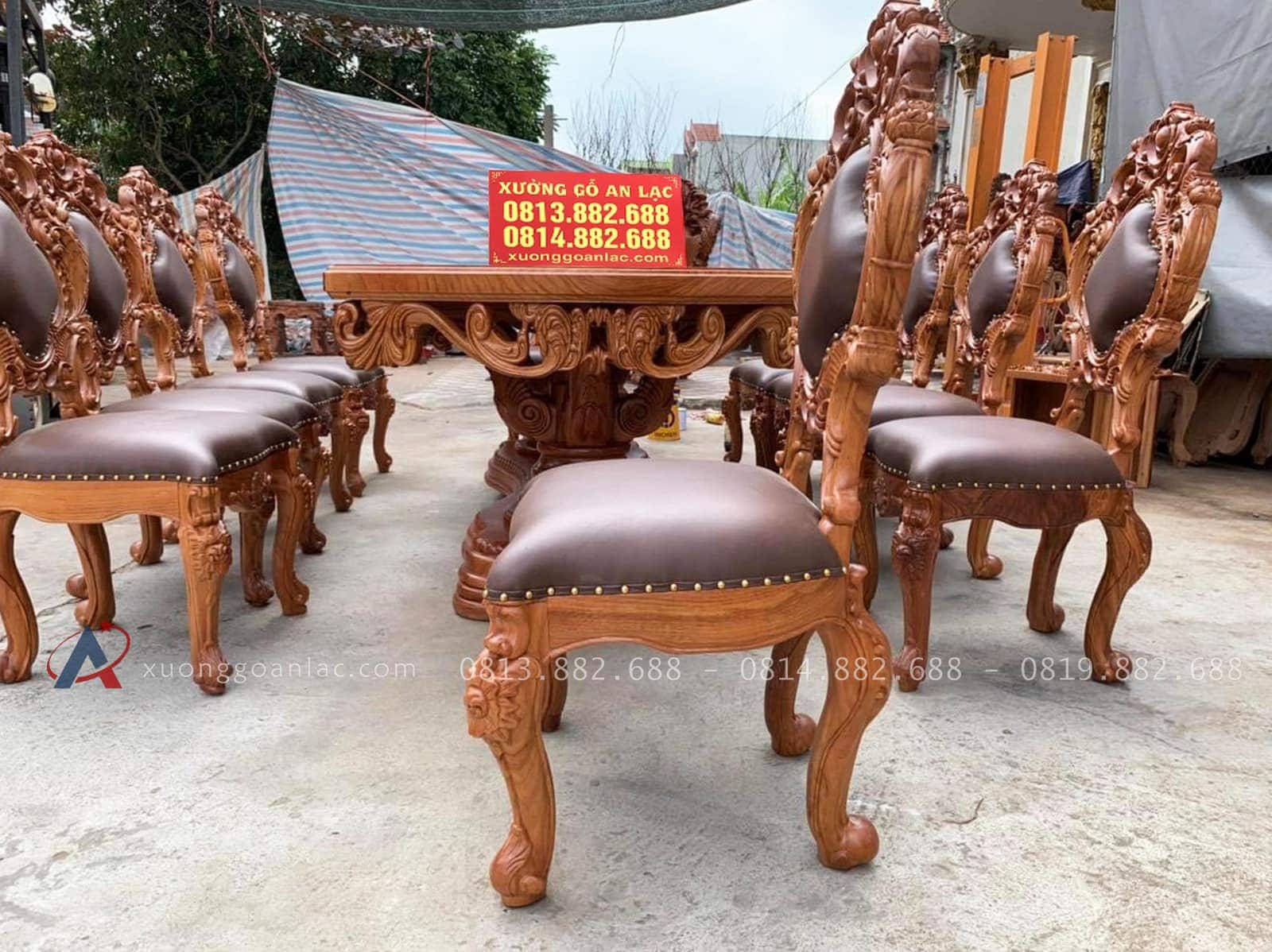 Bộ bàn ăn hoàng Gia vip 10 ghế gỗ gõ đỏ (Chị Thêu - Đắk Lắk) 13 mặt ngồi bọc đệm da