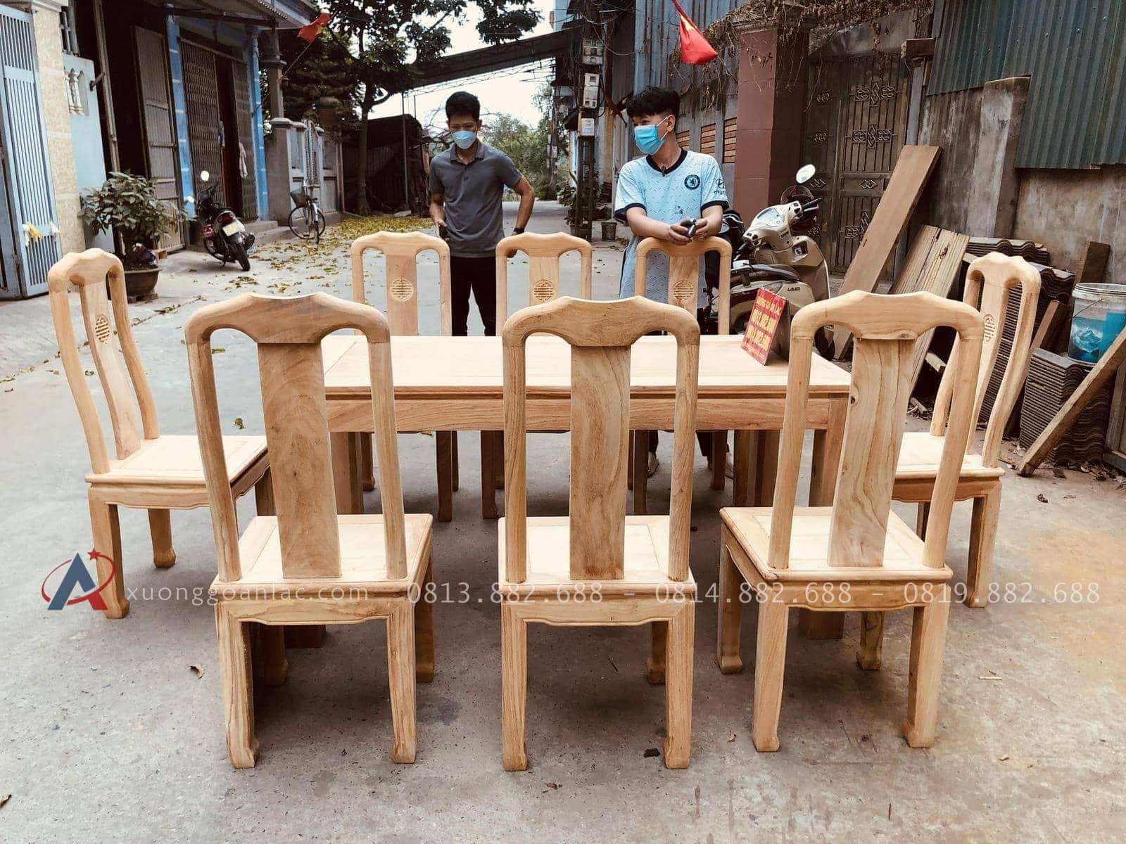 Bộ bàn ăn mới chữ thọ 8 ghế gỗ gõ đỏ hoàn thiện mộc (Chị Mỹ, Hải Dương) 32 bộ bàn ghế ăn 8 ghế hiện đại gỗ gõ