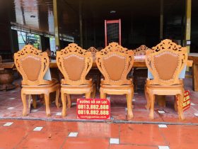 Siêu phẩm bàn ăn nguyên khối gỗ cẩm đá 8 ghế louis có tay bọc đệm gỗ gõ đỏ (Anh Dân, Thanh Hóa) 17 bộ bàn ghế ăn phong cách hoàng gia tân cổ điển