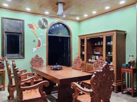 bàn ăn gỗ hương đá nguyên khối 6 ghế louis