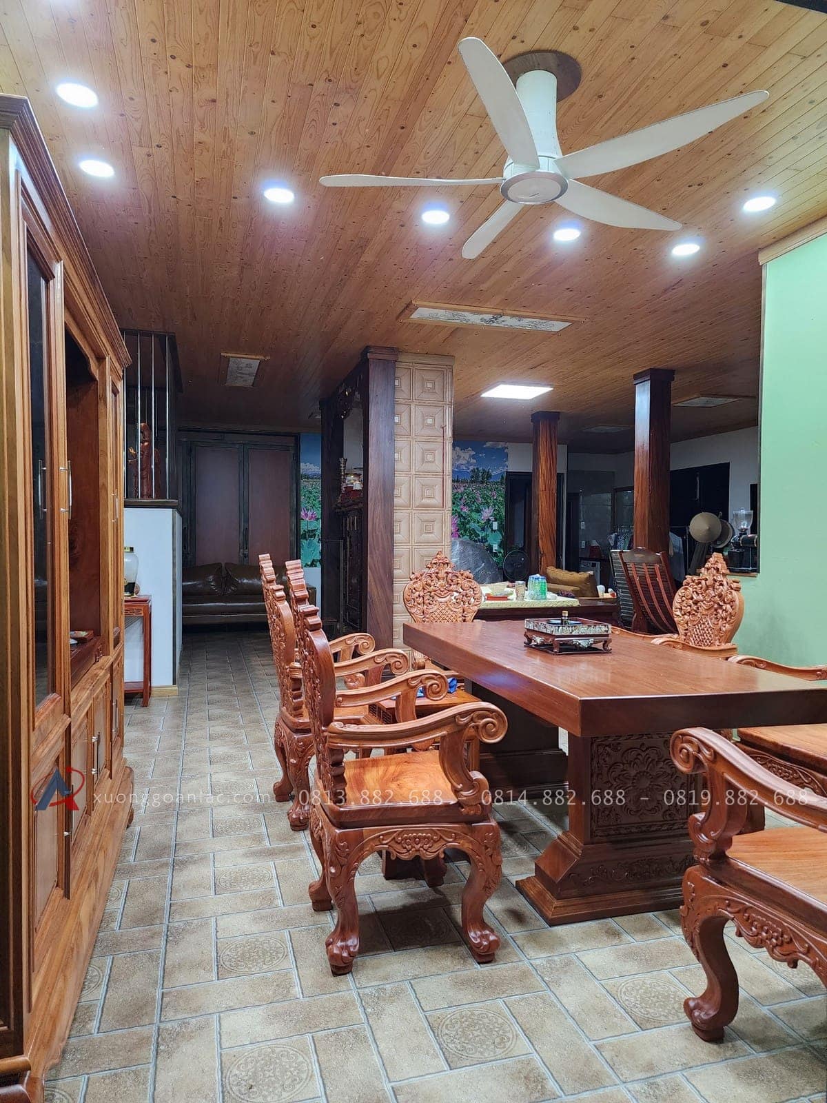 Bàn ăn nguyên khối gỗ hương đá siêu vip (Chú Dân, Thanh Hóa) 13 bàn ghế ăn hoàng gia sang trọng