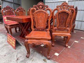 Bàn ăn nguyên khối gỗ hương đỏ với 8 ghế hồng hạt cao cấp (Anh Hữu, Hải Dương) 13 mẫu ghế louis hồng hạt