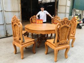 bàn ăn tròn gỗ gõ đỏ 6 ghế hồng hạt đục 2 mặt