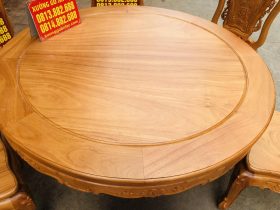 Bộ bàn ăn tròn gỗ gõ đỏ 6 ghế hồng hạt đục 2 mặt (Chị Lệ, Bắc Ninh) 7 mặt bàn khung ván gỗ gõ liền tấm