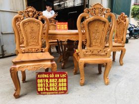 Bộ bàn ăn tròn gỗ gõ đỏ 6 ghế hồng hạt đục 2 mặt (Chị Lệ, Bắc Ninh) 9 ghế louis hồng hạt đục 2 mặt