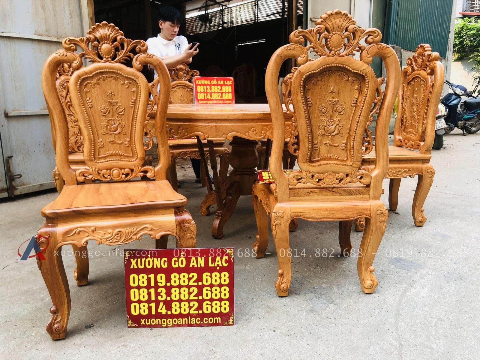 Bộ bàn ăn tròn gỗ gõ đỏ 6 ghế hồng hạt đục 2 mặt (Chị Lệ, Bắc Ninh) 14 ghế louis hồng hạt đục 2 mặt