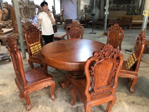 bàn ăn tròn gỗ gõ đỏ nguyên khối 6 ghế gỗ hương đá hàng vip