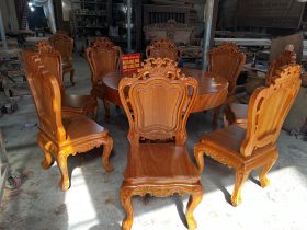 Bộ bàn ăn tròn nguyên khối gõ đỏ bàn 1m4 và 8 ghế louis hàng vip (Anh Đệ, Đà Nẵng) 14 bàn ăn gỗ gõ đỏ hàng cao cấp