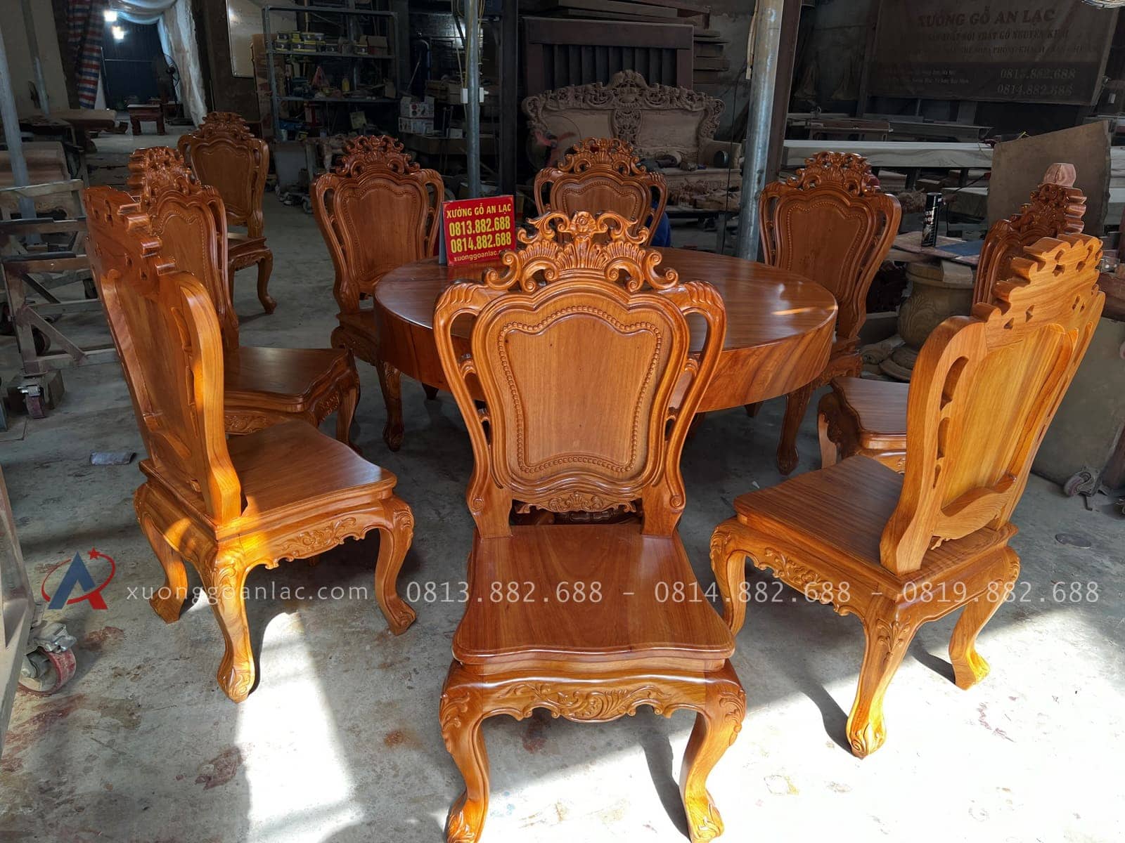 Bộ bàn ăn tròn nguyên khối gõ đỏ bàn 1m4 và 8 ghế louis hàng vip (Anh Đệ, Đà Nẵng) 27 bàn ăn gỗ gõ đỏ hàng cao cấp