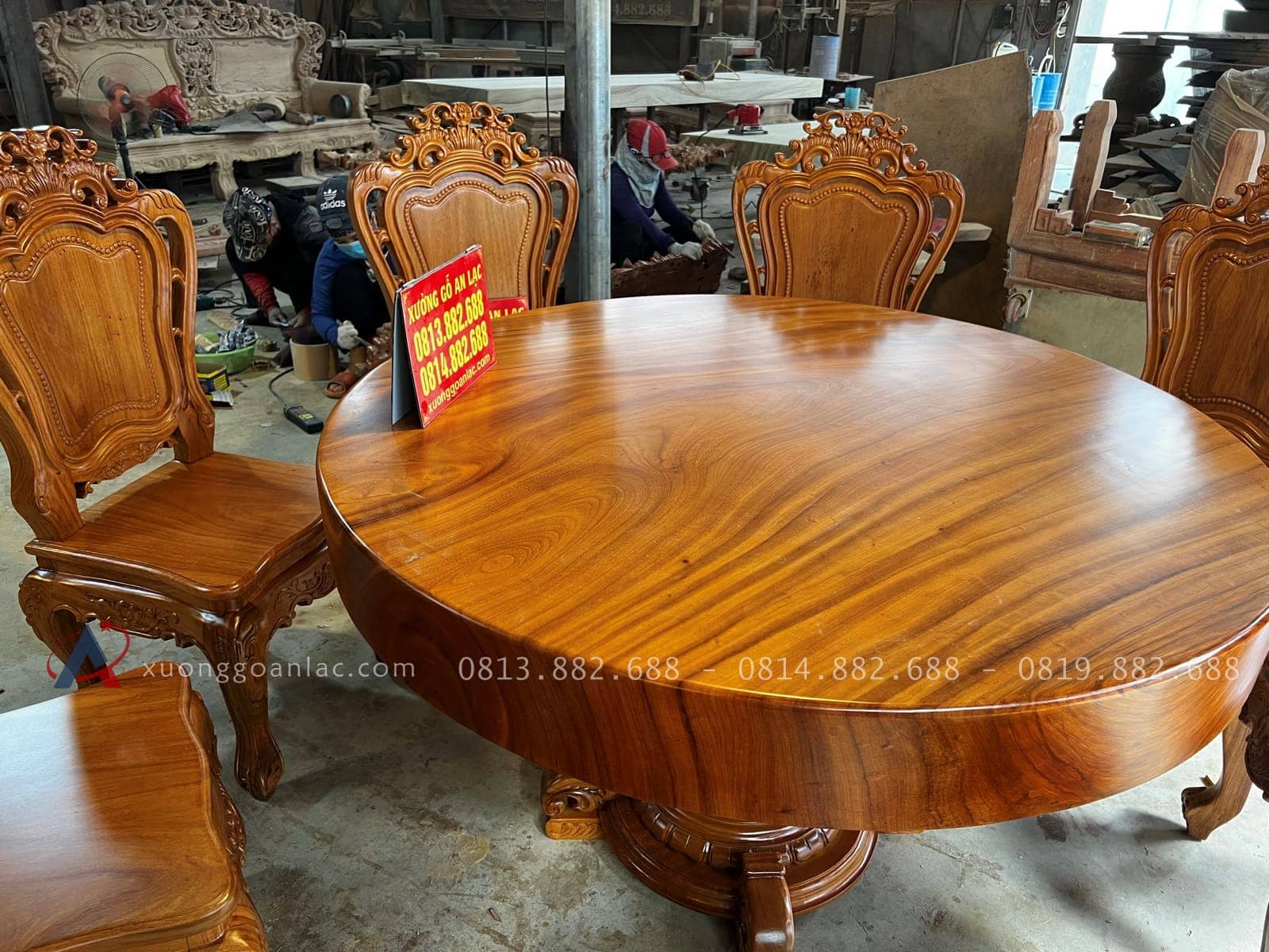 Bộ bàn ăn tròn nguyên khối gõ đỏ bàn 1m4 và 8 ghế louis hàng vip (Anh Đệ, Đà Nẵng) 29 bàn ăn nguyên khối gỗ gõ đỏ