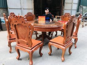 bàn ăn tròn xoay 8 ghế louis hoa lá tây gỗ gõ đỏ