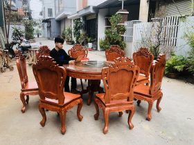 Bộ bàn ăn tròn xoay 8 ghế louis hoa lá tây gỗ gõ đỏ (Anh Khoa, Bình Dương) 23 mẫu bàn ăn tròn xoay 8 ghế louis hoa lá tây tân cổ điển