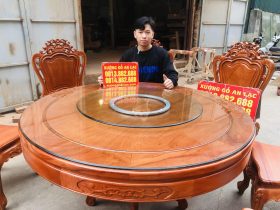 Bộ bàn ăn tròn xoay 8 ghế louis hoa lá tây gỗ gõ đỏ (Anh Khoa, Bình Dương) 14 bàn tròn khung ván 1m17