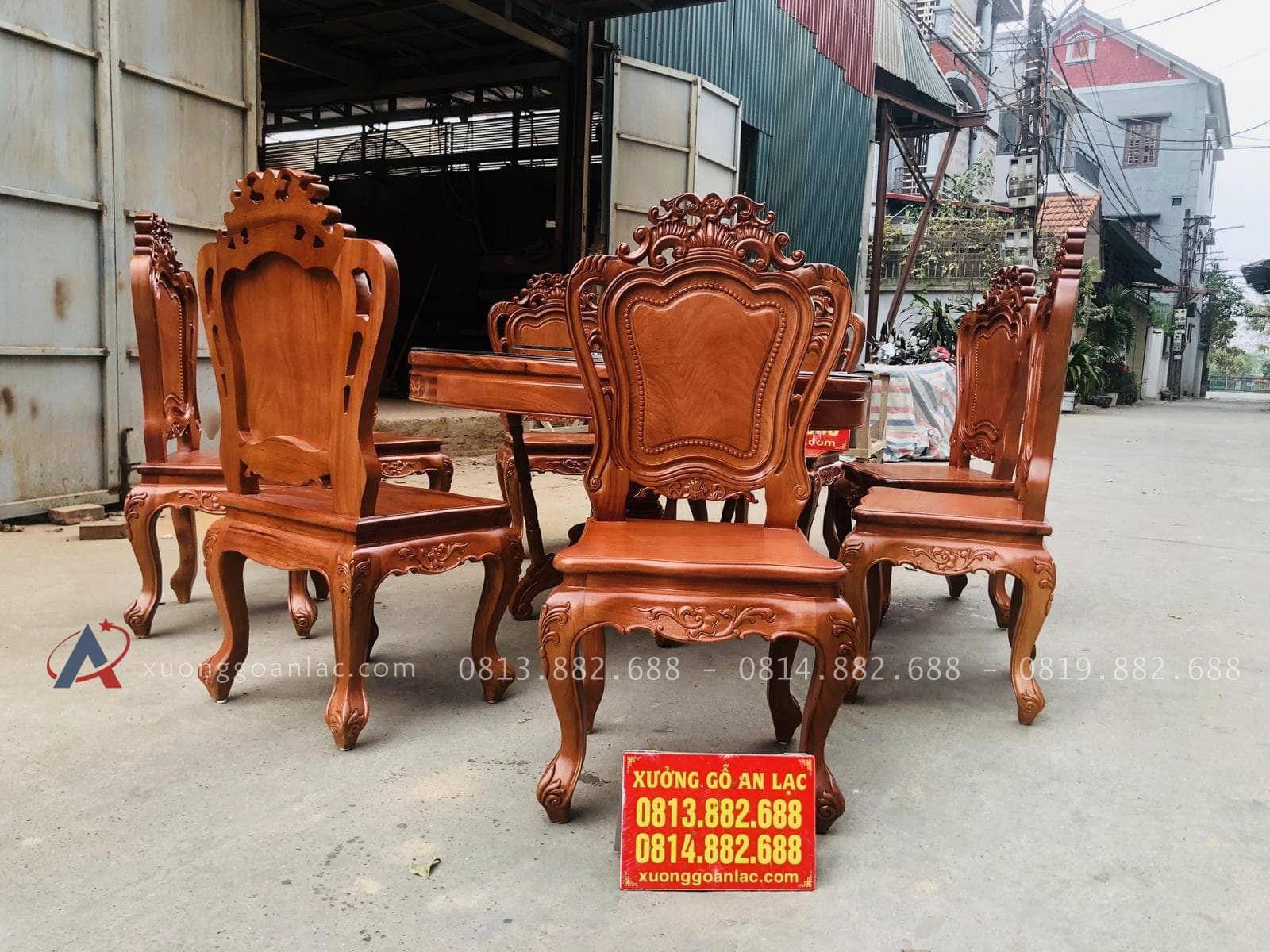 Bộ bàn ăn tròn xoay 8 ghế louis hoa lá tây gỗ gõ đỏ (Anh Khoa, Bình Dương) 29 ghế louis hoàng gia gỗ gõ đỏ