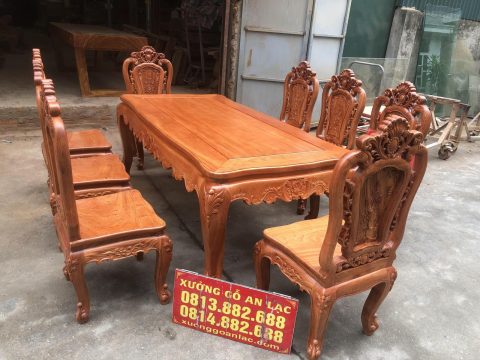 bàn ăn gỗ hương đá 8 ghế hồng hạt đục 2 mặt