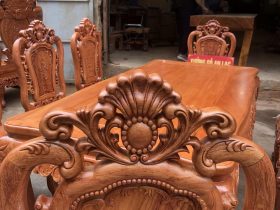Bộ bàn ghế ăn gỗ hương đá và 8 ghế hồng hạt đục 2 mặt (Chị Nhung, Hà Nam) 18 đỉnh chương ghế đục hoa lá tây