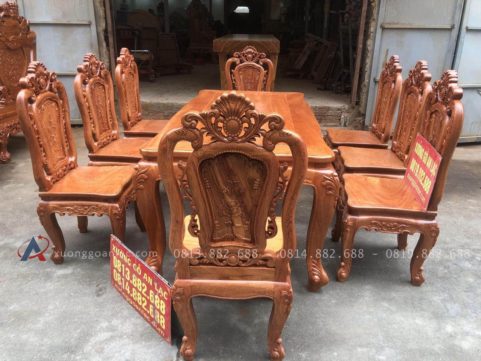 Bộ bàn ghế ăn gỗ hương đá và 8 ghế hồng hạt đục 2 mặt (Chị Nhung, Hà Nam) 21 bộ bàn ăn gỗ hương đá cao cấp