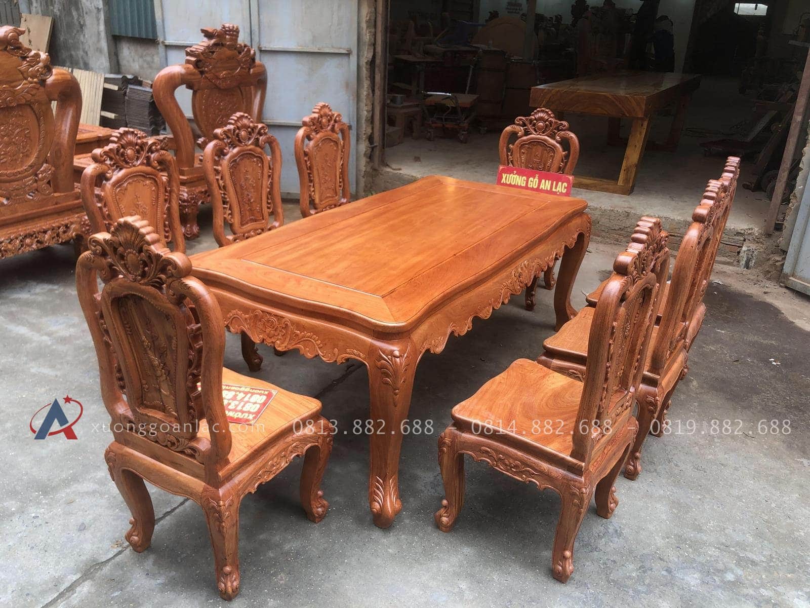 Bộ bàn ghế ăn gỗ hương đá và 8 ghế hồng hạt đục 2 mặt (Chị Nhung, Hà Nam) 25 bộ bàn ăn chữ nhật 8 ghế