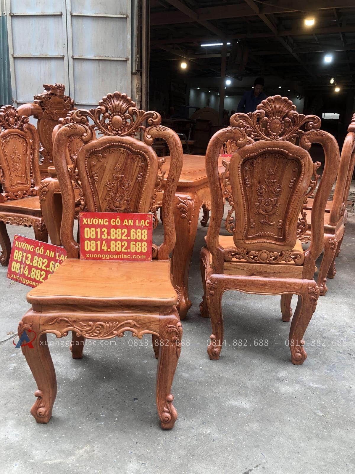 Bộ bàn ghế ăn gỗ hương đá và 8 ghế hồng hạt đục 2 mặt (Chị Nhung, Hà Nam) 26 mẫu ghế hồng hạt đục 2 mặt