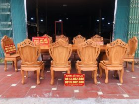 Bộ bàn ghế ăn nguyên khối gỗ cẩm đá 10 ghế louis có tay gỗ gõ đỏ (Anh Lâm, Hòa Bình) 12 Bộ bàn ăn 10 ghế hoành tráng