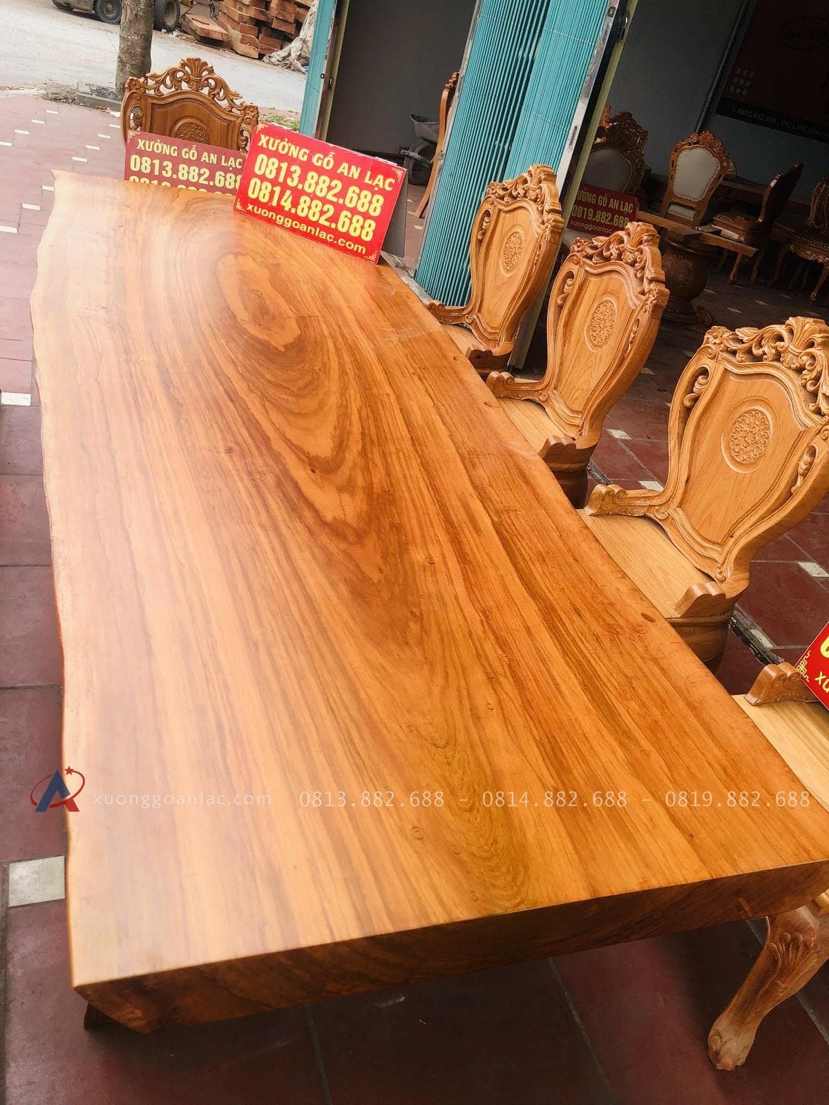 Bộ bàn ghế ăn nguyên khối gỗ cẩm đá 10 ghế louis có tay gỗ gõ đỏ (Anh Lâm, Hòa Bình) 25 bàn ăn kích thước lớn