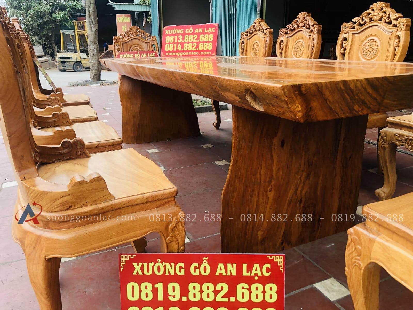 Bộ bàn ghế ăn nguyên khối gỗ cẩm đá 10 ghế louis có tay gỗ gõ đỏ (Anh Lâm, Hòa Bình) 27 thiết kế chân bàn nguyên phe 10p