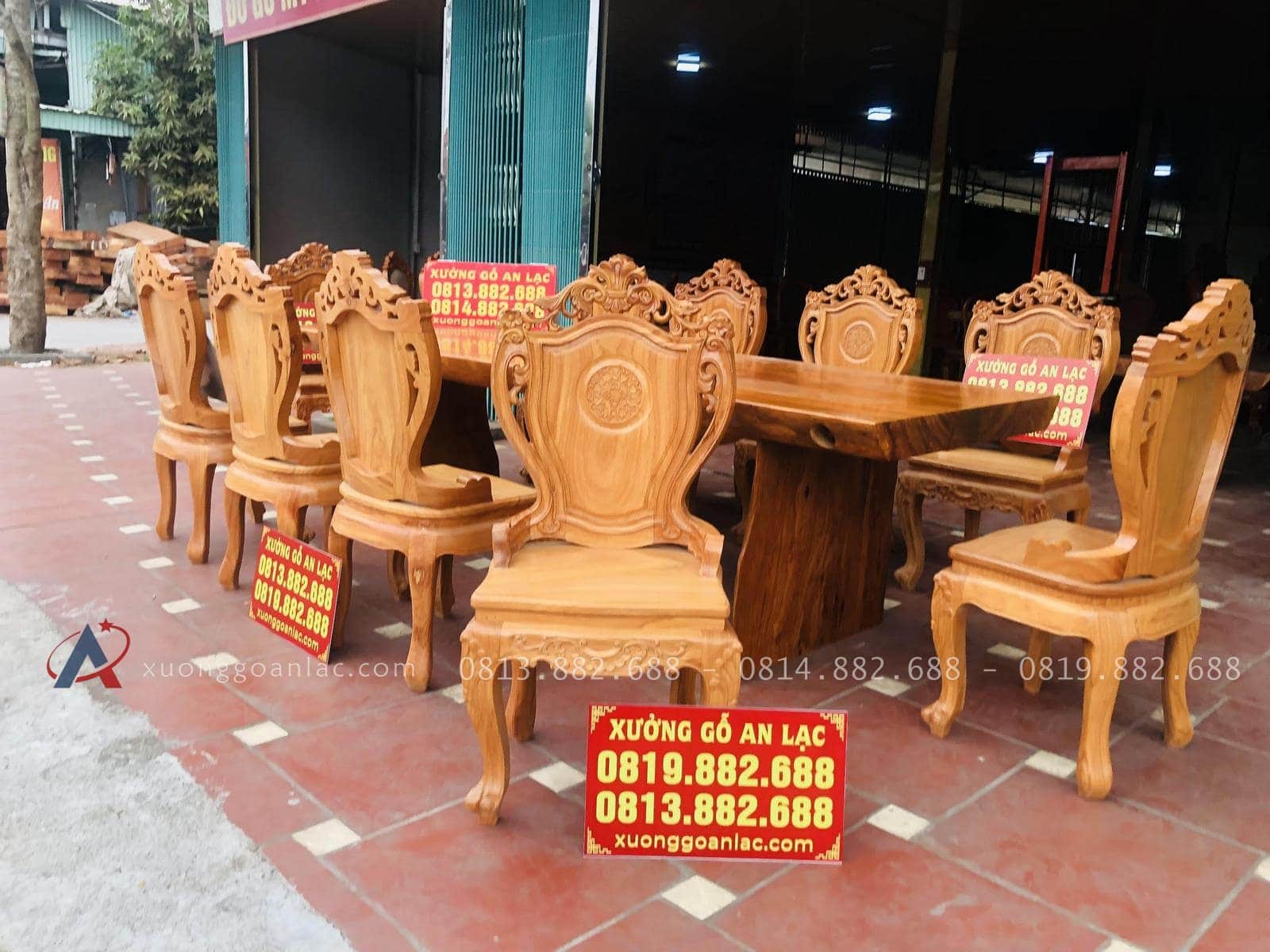 Bộ bàn ghế ăn nguyên khối gỗ cẩm đá 10 ghế louis có tay gỗ gõ đỏ (Anh Lâm, Hòa Bình) 28 bàn ăn 10 ghế lousi có tay gỗ gõ đỏ