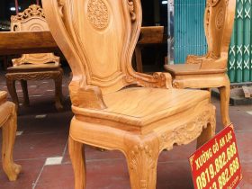Bộ bàn ghế ăn nguyên khối gỗ cẩm đá 10 ghế louis có tay gỗ gõ đỏ (Anh Lâm, Hòa Bình) 19 ghế ăn louis hoa lá tây