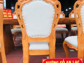 Bộ bàn ghế ăn nguyên khối gỗ cẩm chỉ 8 ghế louis bọc đệm gỗ gõ đỏ (Chú Nguyên, Thái Bình) 21 ghế louis đục 2 mặt tinh xảo