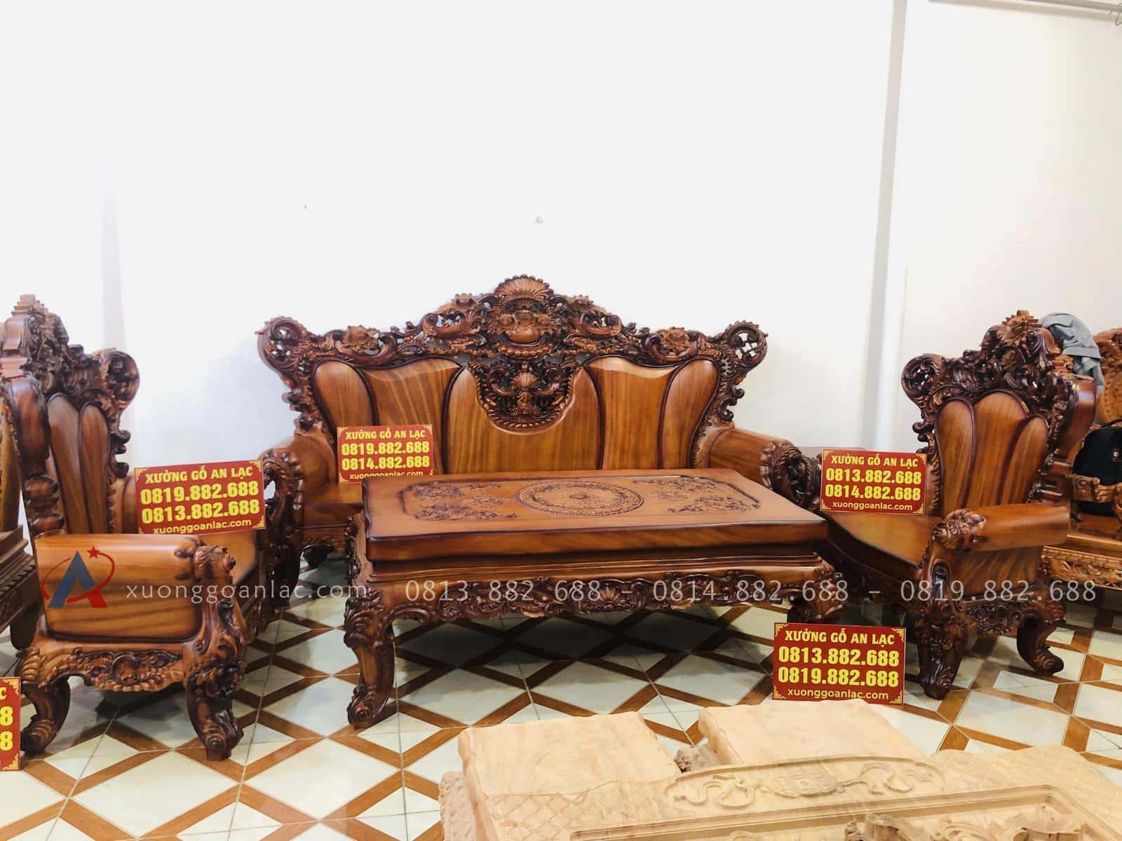 Bộ bàn ghế hoàng gia 6 món gỗ gõ đỏ cao cấp (Anh Tâm, Hòa Bình) 40 bàn ghế hoàng gia 6 món gỗ gõ đỏ