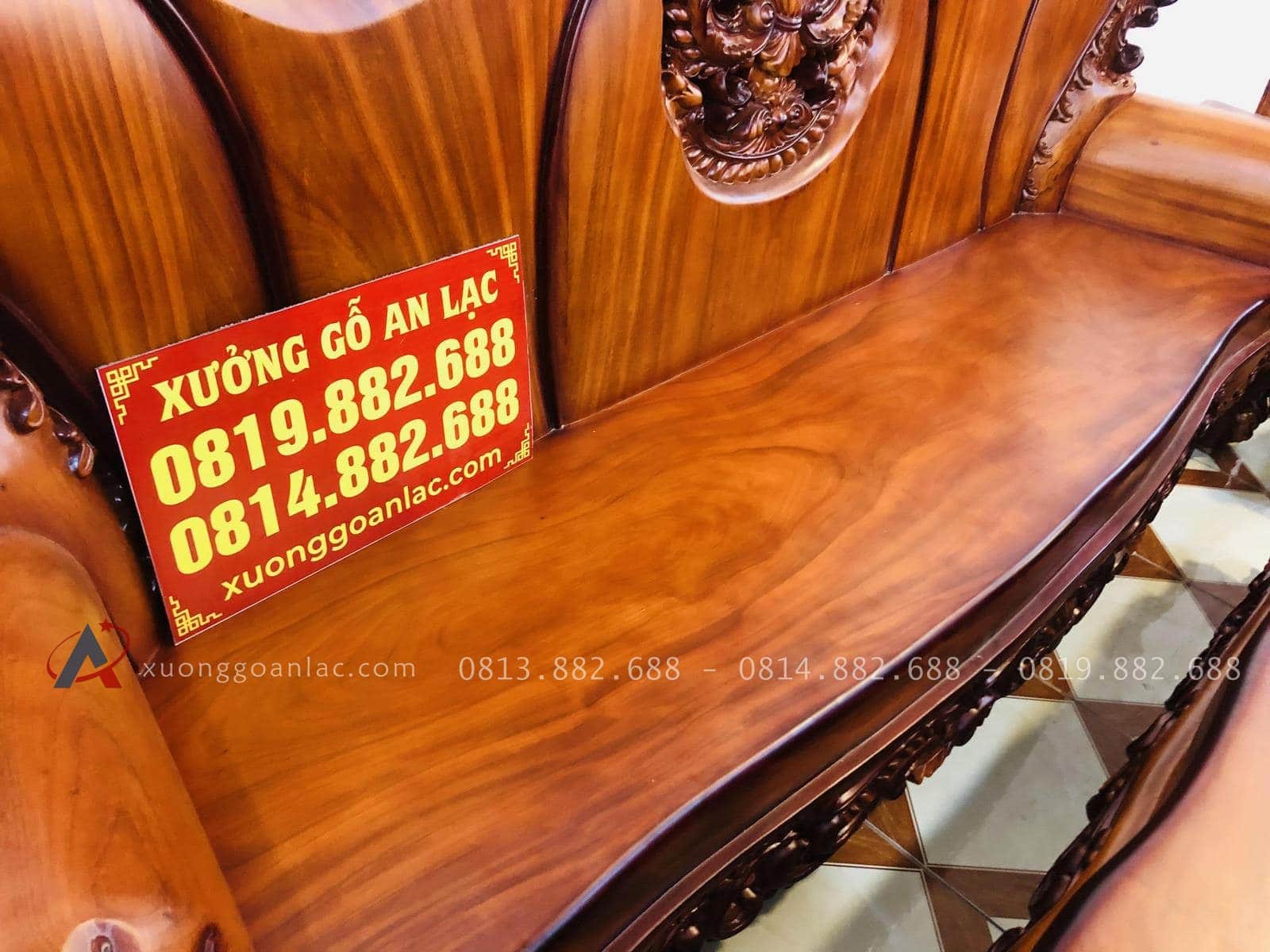 Bộ bàn ghế hoàng gia 6 món gỗ gõ đỏ cao cấp (Anh Tâm, Hòa Bình) 51 Mặt đoản nguyên khối gỗ gõ đỏ