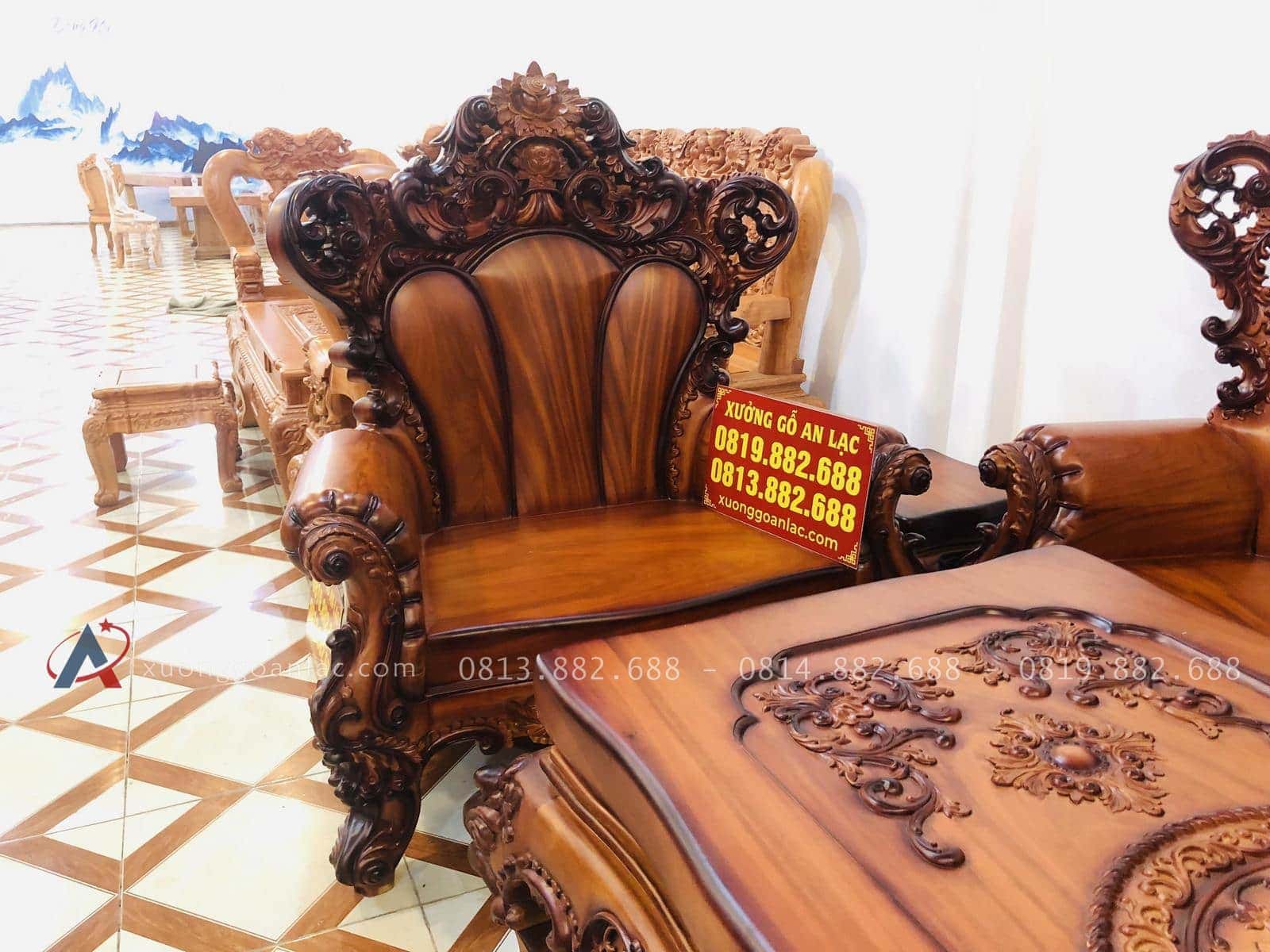 Bộ bàn ghế hoàng gia 6 món gỗ gõ đỏ cao cấp (Anh Tâm, Hòa Bình) 55 bộ sản phẩm gồm 2 ghế đơn louis hoa lá tây