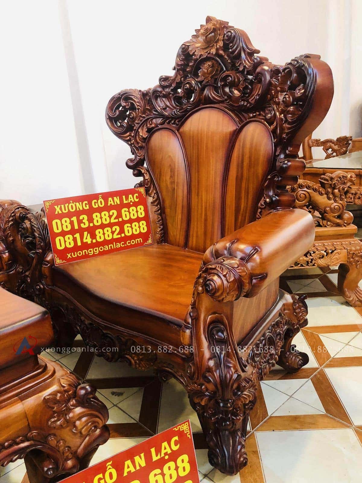 Bộ bàn ghế hoàng gia 6 món gỗ gõ đỏ cao cấp (Anh Tâm, Hòa Bình) 56 ghế đơn louis hoàng gia