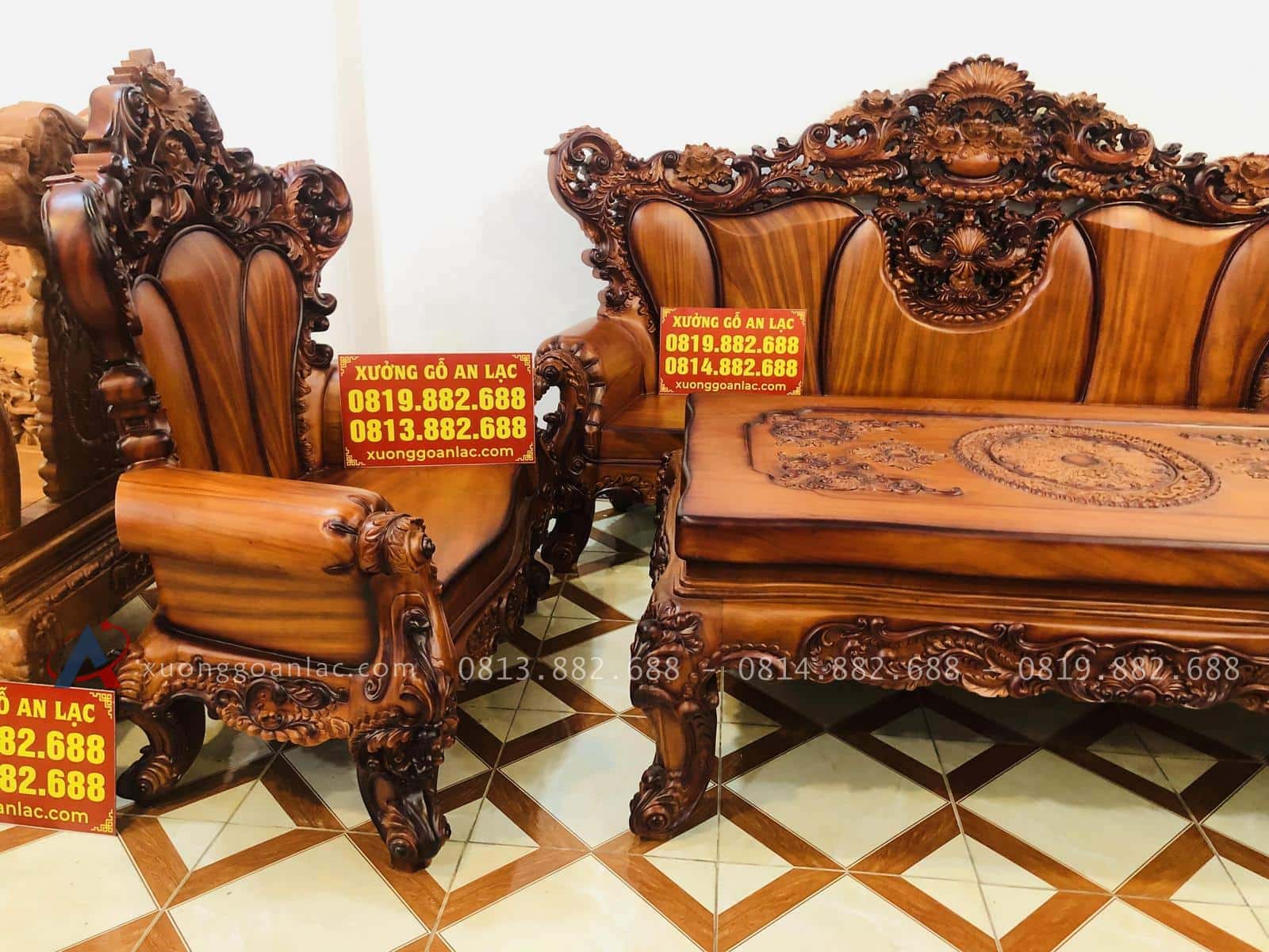 Bộ bàn ghế hoàng gia 6 món gỗ gõ đỏ cao cấp (Anh Tâm, Hòa Bình) 42 bàn ghế hoàng gia 6 món