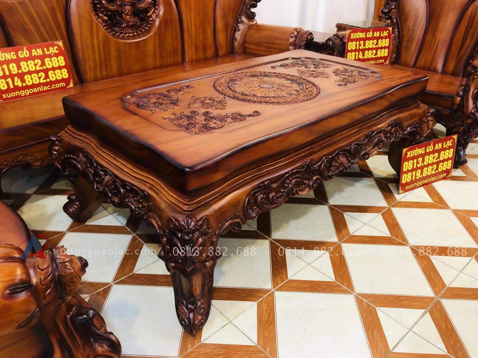 Bộ bàn ghế hoàng gia 6 món gỗ gõ đỏ cao cấp (Anh Tâm, Hòa Bình) 45 bàn trà gỗ gõ đỏ