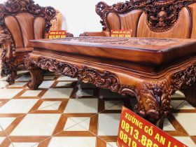 Bộ bàn ghế hoàng gia 6 món gỗ gõ đỏ cao cấp (Anh Tâm, Hòa Bình) 28 yếm bàn đục hoa lá tây