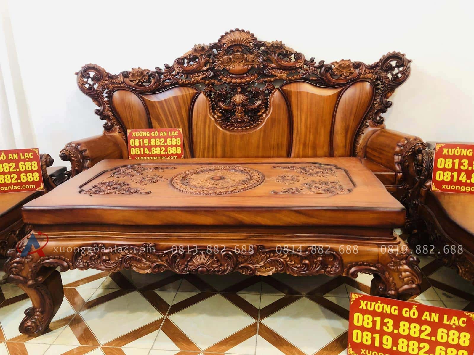 Bộ bàn ghế hoàng gia 6 món gỗ gõ đỏ cao cấp (Anh Tâm, Hòa Bình) 49 Đoản dài louis hoàng gia gỗ gõ đỏ