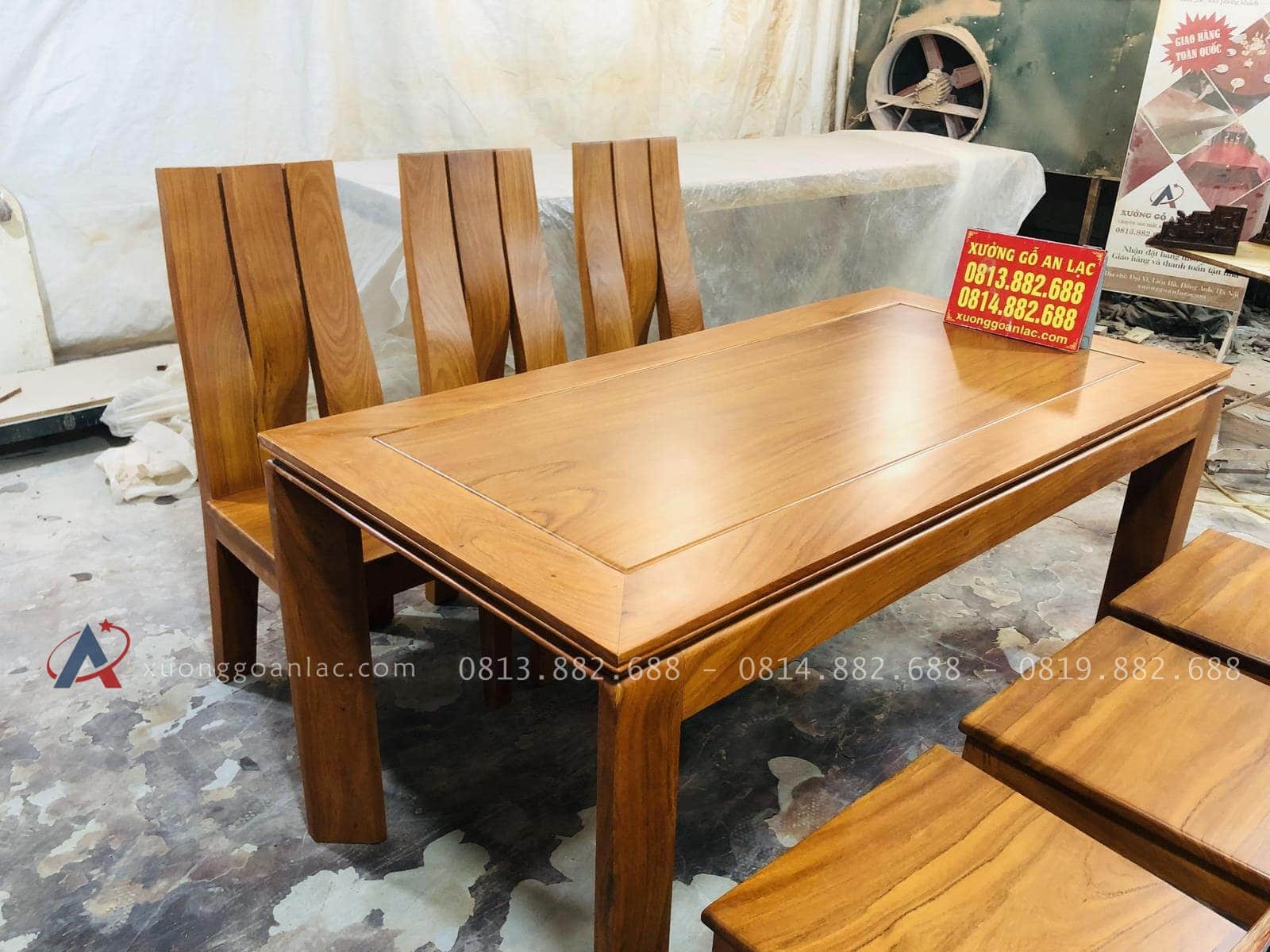 Bộ bàn ăn 6 ghế phong cách hiện đại gỗ gõ đỏ (Anh Đồng, Bình Dương) 23 bàn ăn chữ nhật khung ván gỗ gõ