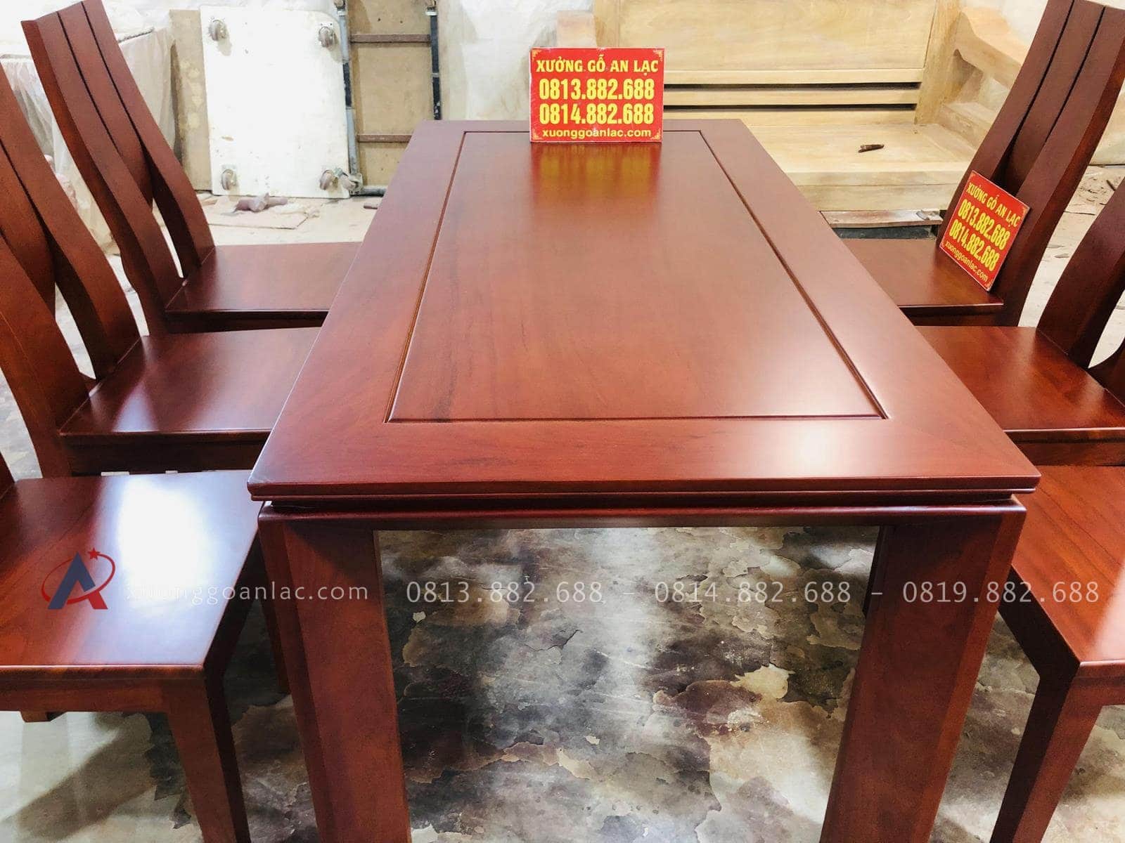 Bộ bàn ăn mẫu mới 6 ghế gỗ gõ đỏ phong cách hiện đại (Chú Sâm, Cao Bằng) 23 bàn ăn chữ nhật gỗ gõ