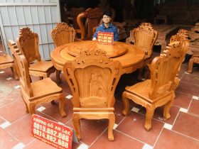 Bộ bàn ăn tròn xoay 1m47 và 8 ghế louis gỗ gõ đỏ (Chị Thùy, Thái Bình) 11 bàn ăn tròn gỗ gõ đỏ