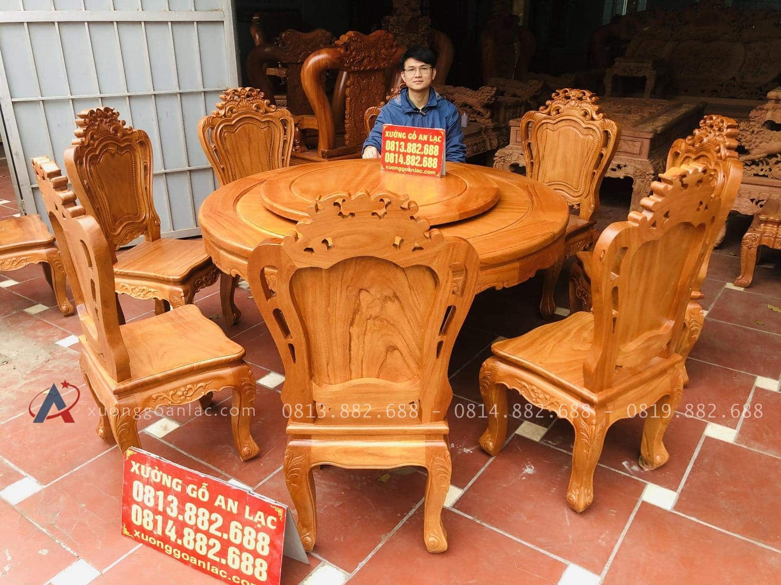 Bộ bàn ăn tròn xoay 1m47 và 8 ghế louis gỗ gõ đỏ (Chị Thùy, Thái Bình) 21 bàn ăn tròn gỗ gõ đỏ