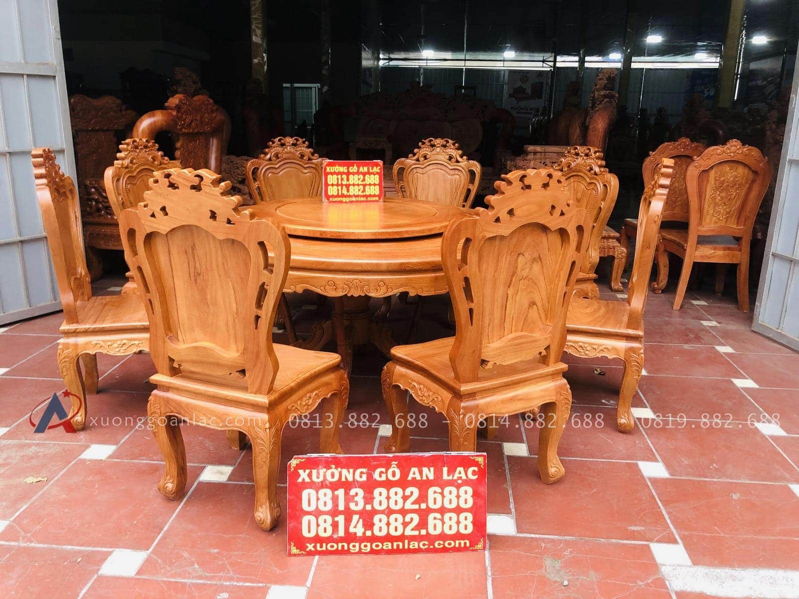 Bộ bàn ăn tròn xoay 1m47 và 8 ghế louis gỗ gõ đỏ (Chị Thùy, Thái Bình) 22 bàn tròn ghế louis hoàng gia