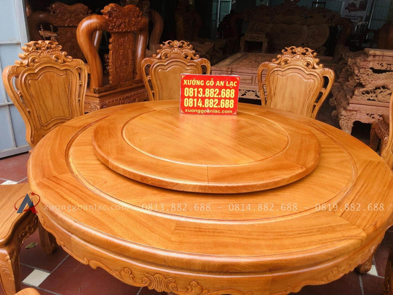 Bộ bàn ăn tròn xoay 1m47 và 8 ghế louis gỗ gõ đỏ (Chị Thùy, Thái Bình) 23 mặt bàn tròn mâm xoay gỗ gõ đỏ
