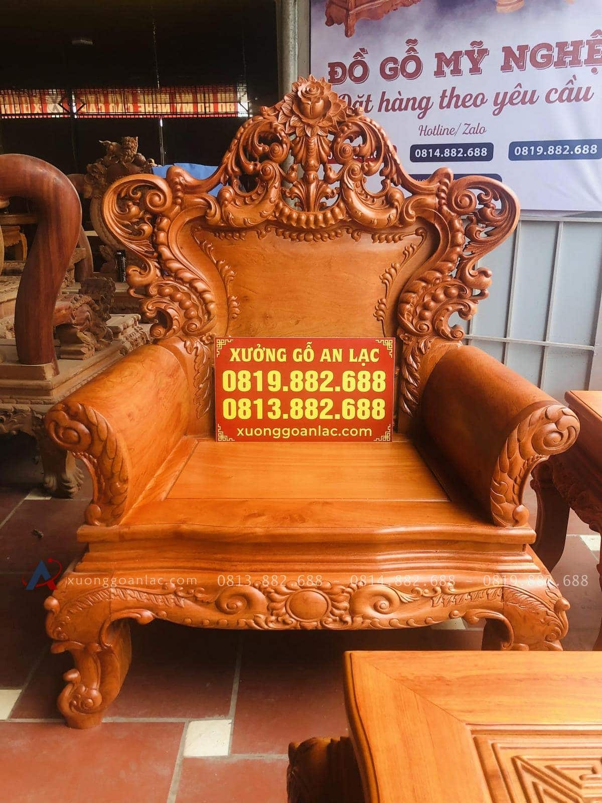 Bộ bàn ghế hoàng gia louis hoa lá tây chân 14 gỗ hương đá cao cấp (Anh Du, Hà Nam) 39 ghế đơn louis hoàng gia