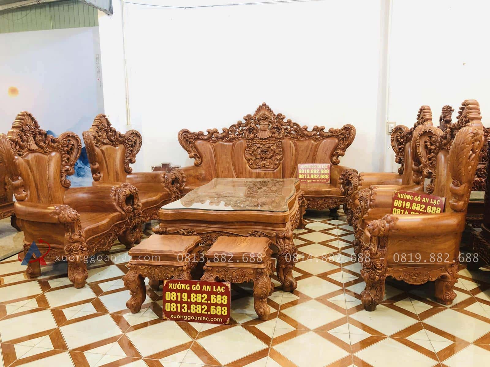 Hoàng gia nguyên khối gỗ hương đá siêu vip (Anh Thường, Hà Nội) 36 bàn ghế hoàng gia nguyên khỗi gỗ hương đá 10 món