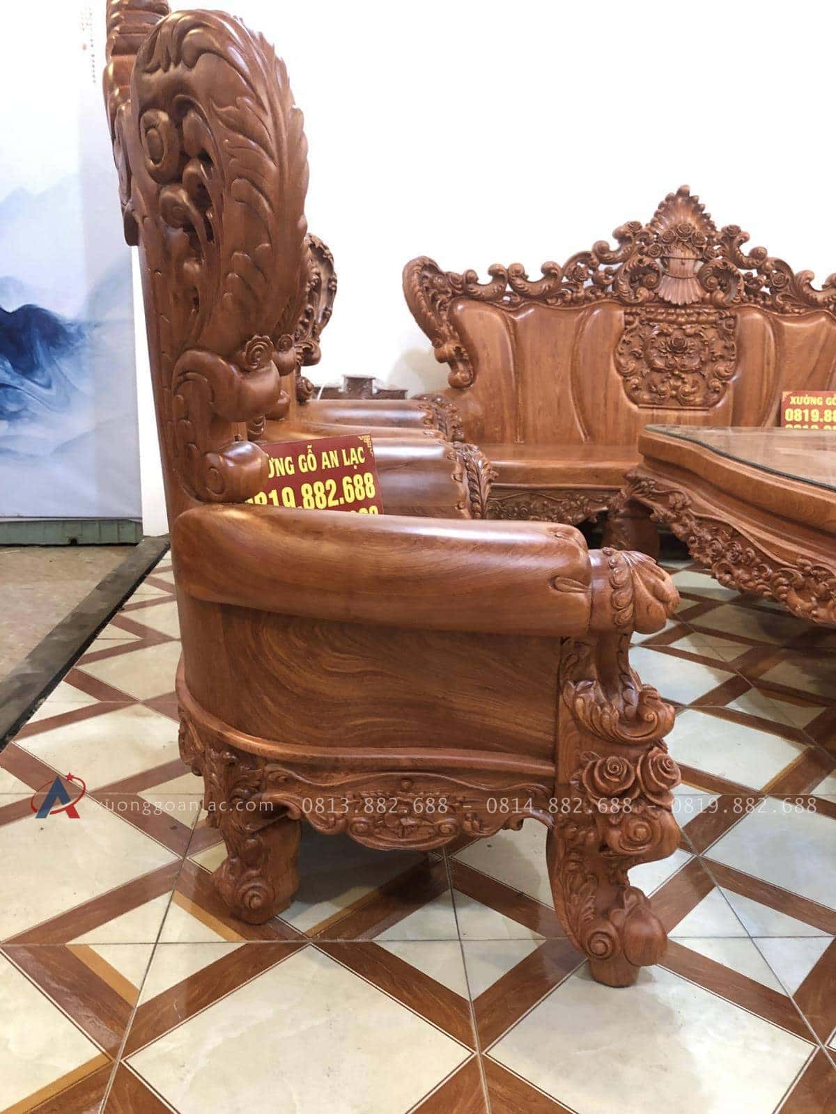 Hoàng gia nguyên khối gỗ hương đá siêu vip (Anh Thường, Hà Nội) 49 ghế đơn louis dáng ôm cong bề thế