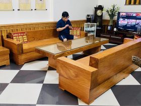 sofa nguyên khối gỗ gõ 2 băng