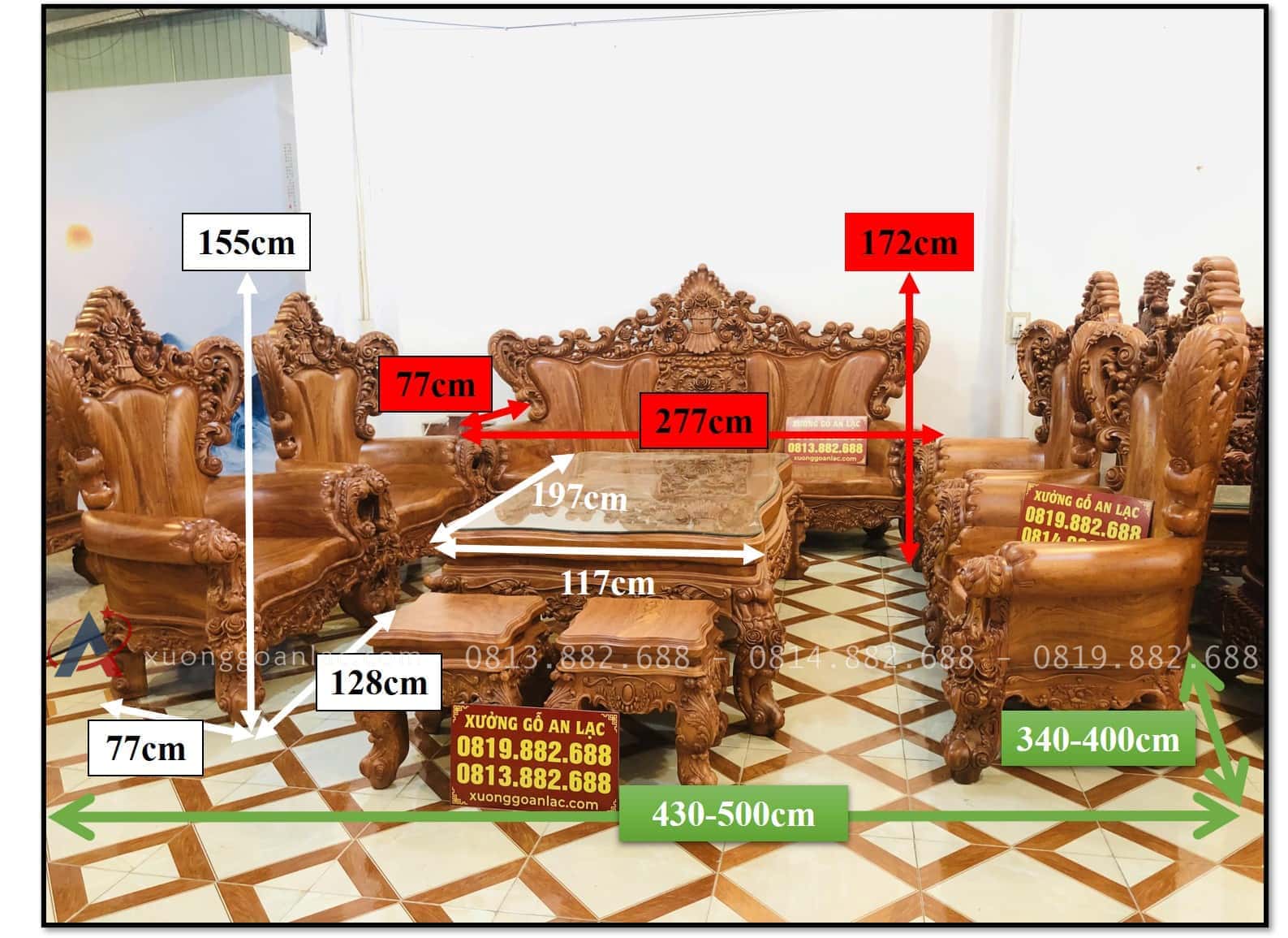 Hoàng gia nguyên khối gỗ hương đá siêu vip (Anh Thường, Hà Nội) 37 kích thước bàn ghế hoàng gia gỗ hương đá 10 món