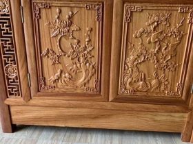 Kệ tivi kiêm tủ trang trí gỗ gõ đỏ cao cấp (Chị Thịnh, Hà Nam) 11 mặt tủ chạm tranh tứ quý